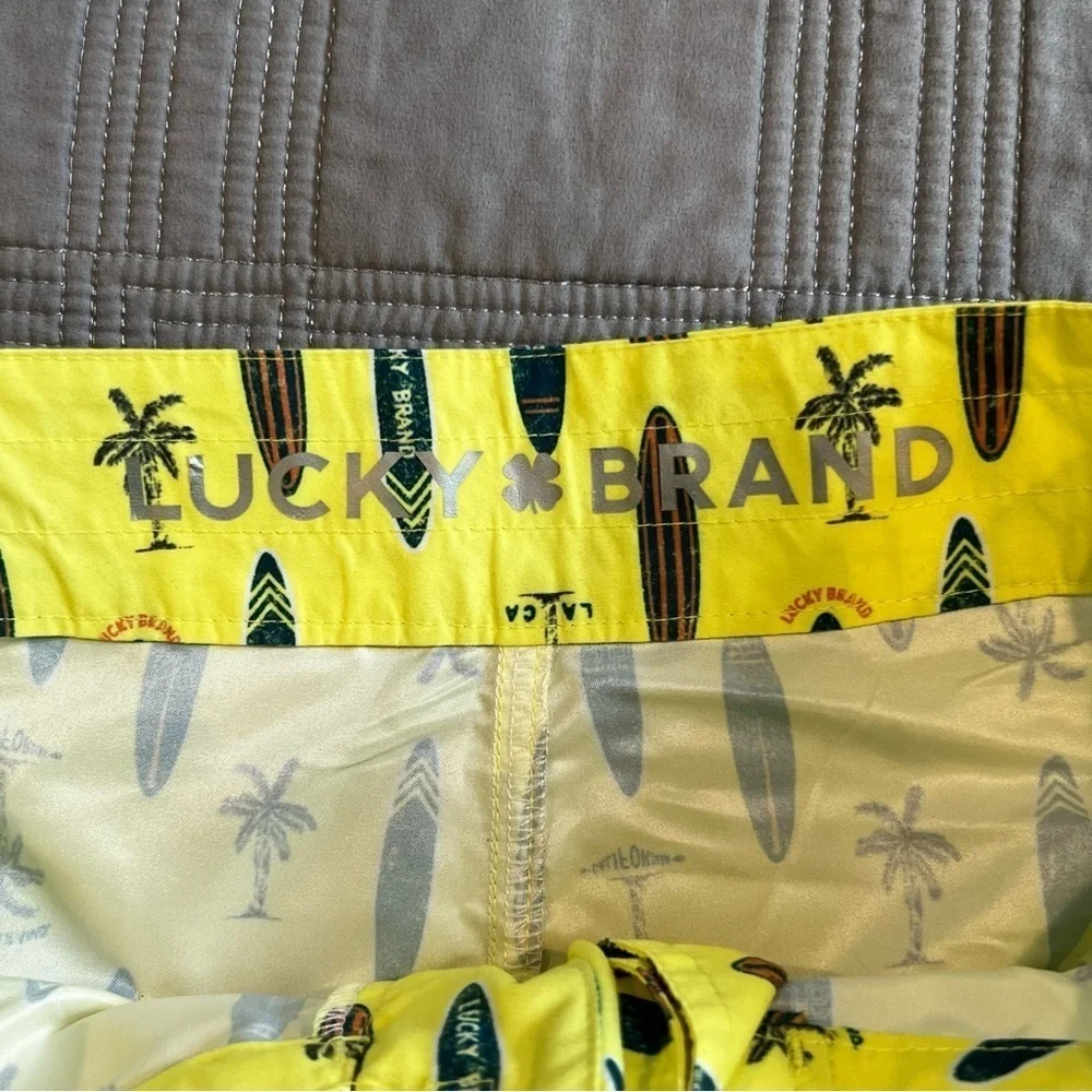 NEW Lucky Brand Boardshorts Boys Size 20 Yellow Surfboard Print Beach Swim